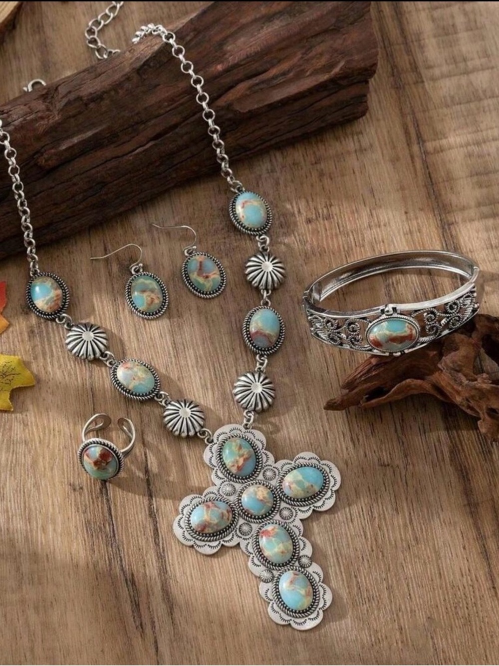 Stone Cross Necklace, Bracelet, Earrings and Adjustable Ring Set